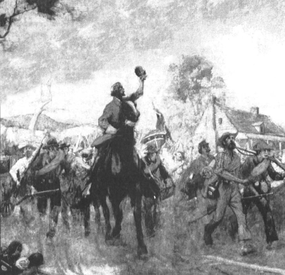 1-reb Stonewall Jackson reviews his troops during his famous Valley Campaign of 1862. So much enemy equipment was captured that the Confederates found themselves well-armed when the fighting ended. This mural is in the gallery with the Southern gun collection. (Richard Cheek photo.)