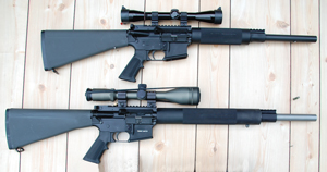 Olympic Arms makes a comprehensive array of ARs in many calibers that are suitable for hunting, target shooting, home defense, and law enforcement. Here are, at top, a 16-inch barreled model K16 in