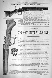 A cut from the 188-89 Great Western Gun Works Catalog showing the .22 version of the Pieper “Mitrailleuse” or Volley Gun.
