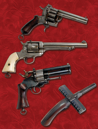 The William A. Jones Collection contains not only pepperboxes but a wide variety of rare and interesting firearms. Clockwise from upper left: 20-shot double-barreled pinfire 32-caliber revolver marked “I.H. London”; very rare steel-framed Volcanic lever-action repeating pistol; 41-caliber brass-framed Colt Cloverleaf; martially-marked Colt Model 1873 Single-Action Army;
Minnesota Fire Arms Company seven-shot 32-caliber “Protector” palm pistol; unmarked Belgian percussion “harmonica” pistol; rare 36/44-caliber LeMat pinfire revolver; almost-as-rare 44-caliber Remington Model 1890 with ivory grips. Center: 44-caliber Merwin, Hulbert Pocket Army with skullpopper gripcap.