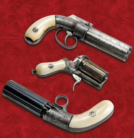 These ivory-gripped examples are still striking, after more than a century since they were first manufactured. From top: six-shot 32-caliber Sprague and Marston with barrels bored from a single piece of steel; six-shot folding trigger 30-caliber pinfire with Belgian proofmarks; six-shot 32-caliber percussion pepperbox with ring trigger, maker unknown.