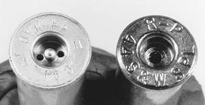 Berdan (left) and Boxer primer pockets show the differences in the systems. The ease of reloading made the Boxer primer standard in the U.S. (Photo courtesy CCI.)