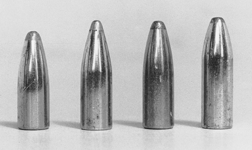 Bullets for the 22 centerfire (from left): 55-, 60-, 63- and 70-grain. They look very alike and can be easily mixed up, which is why unloaded bullets should always be returned to the original container after you are through loading ammunition. The 70-grain bullet will not work well in slow-twist (1:14-inch) barrels.