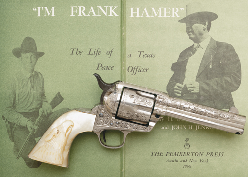 SellingGuns-18 Owned and carried by the legendary Texas Ranger who tracked down and terminated the careers of the notorious “Bonnie and Clyde.” Factory engraved Colt single-action revolver (serial #180260) with 4 3/4-inch barrel and handsome pearl grips with high-relief carving of an eagle’s head. The revolver was originally owned and used by William H. Ford in a fatal shooting in Texas and subsequently acquired by Frank Hamer whose Texas Ranger career had begun in 1906 at age 22. The historic Colt revolver was accompanied by documents written personally by Hamer stating: “this weapon has been carried by me for a number of years while in the services as a peace officer.” Illustrated here with a popular biography of Hamer’s distinguished career. (As illustrated in The Peacemakers; Arms and Adventure in the American West, with author’s permission)