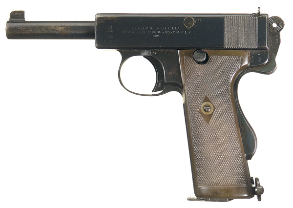 1911GreatWar-9 The Webley self-loading .455 pistol. It is not as awkward as it appears, but it certainly is not a paragon of simple design