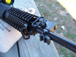LAR308-4 The Rock River Arms-designed gasblock incorporates a pop-up front sight, sling attachment points on three sides and a short Picatinny rail making the rifle ready for anything.