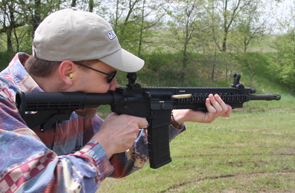 RugerSR556-LeadB590 Ejection, out of the sample gun when we first shot it was slightly forward. Did we change the gas setting? Not a chance.
