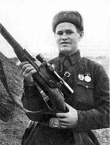 220px-Vasily.Zaitsev Vasily Zaytsev, the Soviet's most-famous sniper of World War II, credited with 225 confirmed kills in the Battle of Stalingrad.