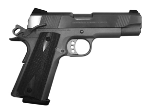 Colt Lightweight Commander semiauto pistol with alloy frame, stainless steel slide and 4.25-inch barrel. Chambered for the .38 Super cartridge, this pistol is a compact member of the 1911A1 pistol family and has an exposed hammer. It can be fired single action only.