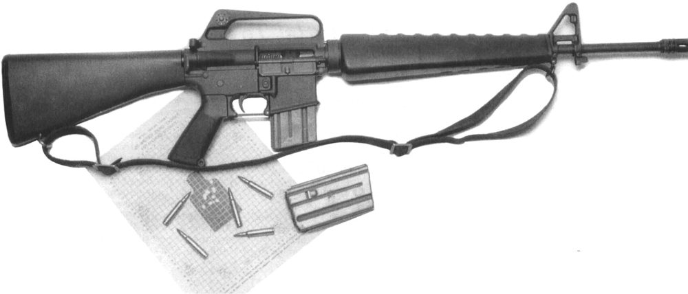 3-ar The Army/Marine version adopted towards the middle of the Vietnam War to serve the U.S. Marines (until 1983) and the Army (until 1986). Note the forward assist, magazine release fence “Boss” and the “bird cage” flash suppressor. Note the 25-meter zeroing target.