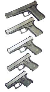 Standard frame Glocks have been produced in these five sizes. From top, 6-inch longslide (G17L), 5.3-inch Tactical/Practical (G34), 4.5-inch full size (G17), 4.0-inch Compact (G19), 3.5-inch subcompact (G26). All shown are 9mm; .40s are identical in size.