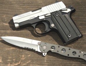 Sig Sauer’s P238 is a single-action .380 ACP that author tested a while back and found to be totally reliable. It is shown with a CRKT folder.