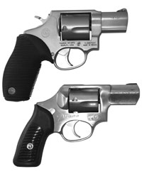 A bit larger than J-frames, and heavier, Taurus Tracker 45 (top) and Ruger SP101 357 (below), are very “shootable” and substantially more powerful than 38s.