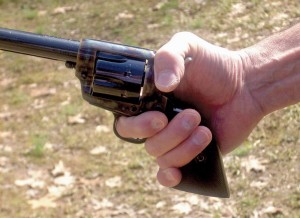 Cocking the Colt Single Action Army is done with the thumb laid crossways over the hammer so the hand remains positioned as high as possible for accurate pointing.