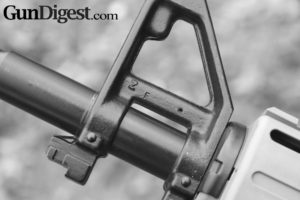 AR15Review-Delton-6 An “F” marked front sight forging, so your folding rears will fit and getting zeroed won’t be a hassle.
