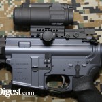 One of the Wilson 6.8 rifles, here with an Aimpoint M4 on it. You’ll note that the Wilson BUIS doesn’t crowd the Aimpoint, and when it flips up the Wilson BUIS won’t bang the M4.