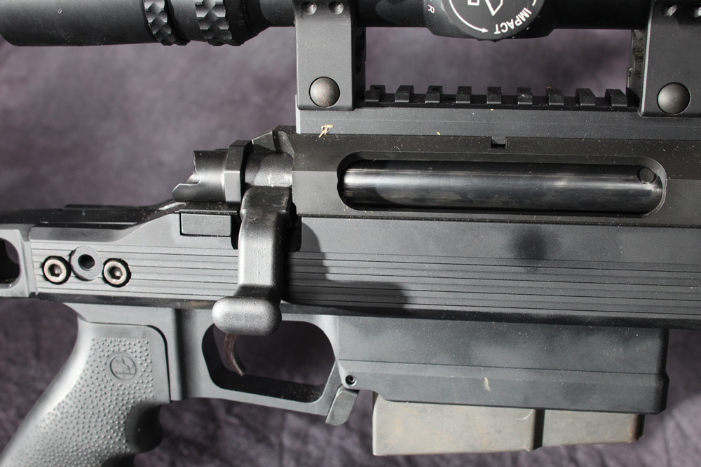 The bolt handle drops almost straight down, creating a sleeker and more narrow profile and making it less prone to snags as well as easier to store in hard rifle cases. The range of motion when charging the rifle stays the same, however.
