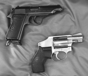 Autoloaders-Revolvers-3 Two ultimate cop guns, one European, one American. The Walther PP .32 saw considerable law enforcement use in Europe, while American plainclothes officers often carried an old style Smith & Wesson J-Frame .38 Special. This is a Model 640, modernized with the addition of Crimson Trace LaserGrips.