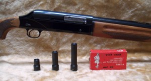The Breda Quick-Choke system. The tubes are, from left to right: Cylinder, Modified, and Full. The tubes are screwed on without the use of any tools.