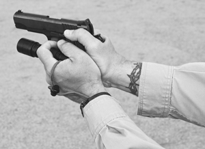 The Surefire flashlight technique allows for the more stable two handed grip but takes practice to master.