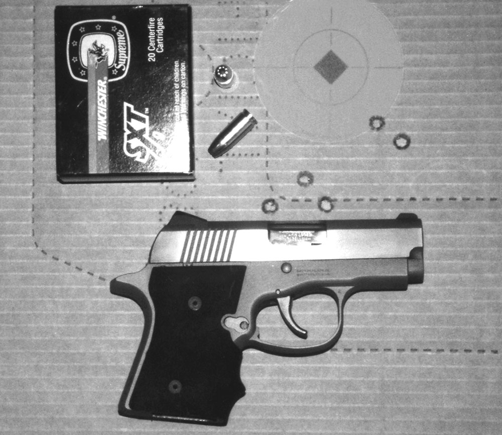 CCWBackup-2 A sweet backup gun! This Colt Pocket Nine is the size of a Walther PPK 380 and considerably lighter, yet it just put five rounds of Winchester SXT full-power 9mm into approximately two inches at 25 yards. Sadly discontinued, it is worth haunting gun shops to find second-hand.
