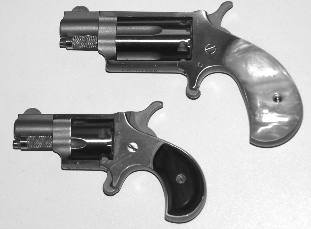CCWBackup2-4 Tiny NAA mini-revolvers, 22 Magnum above and 22 Short below, are seen by author as more novelties than combat handguns because they are slow and difficult to operate due to their size, and much lacking in power. That said, Ayoob can point to several good people whose lives were saved by them, proving that little low-powered guns are better than no guns at all.