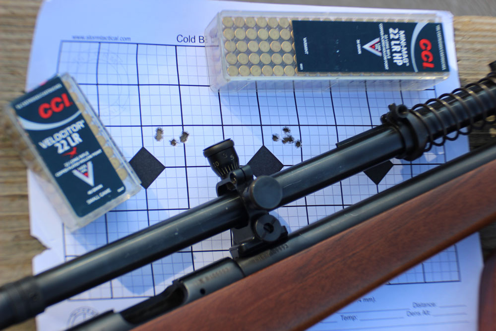 Accuracy with CCI’s 22 LR HP 40-grain Varmint and Velocitor Small Game were very good, for 50-yard plus distance shooting.