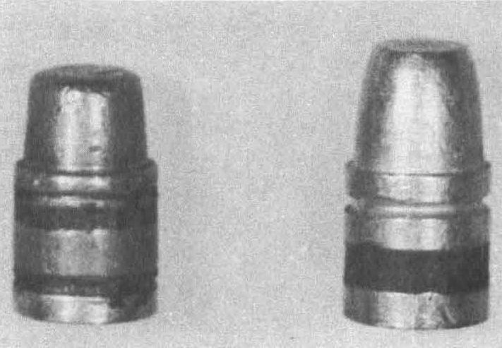 ElmerKeith44Mag-2 Right, Keith 250-gr. bullet cast and plated by Marked, compared with Remington factory 240-gr. gas-check bullet.
