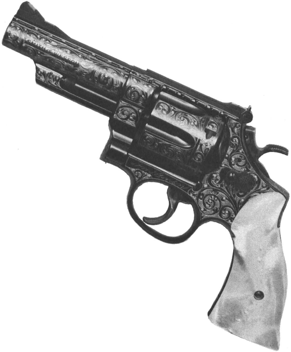 ElmerKeith44Mag-Lead The first S & W 44 Magnum with 4-inch barrel, engraved and stocked by the Gun Reblu Co., Biltmore, N. C.