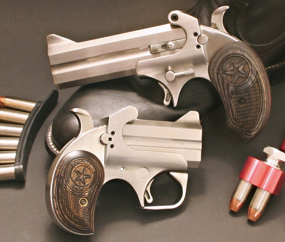 The Bond Arms Derringers: The Ranger fires .45 Colt and .410 shot shells. The new Mini Backup fires .45 ACP ammunition and can be converted to 9mm and .40 S&W.
