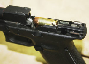 Cartridges line up perfectly with the Glock’s feed ramp. Author Photo