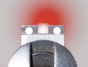 Another form of incorrect focus. Note the blurry front sight and target versus the sharply focused rear sight. This also will cause inaccurate shooting.