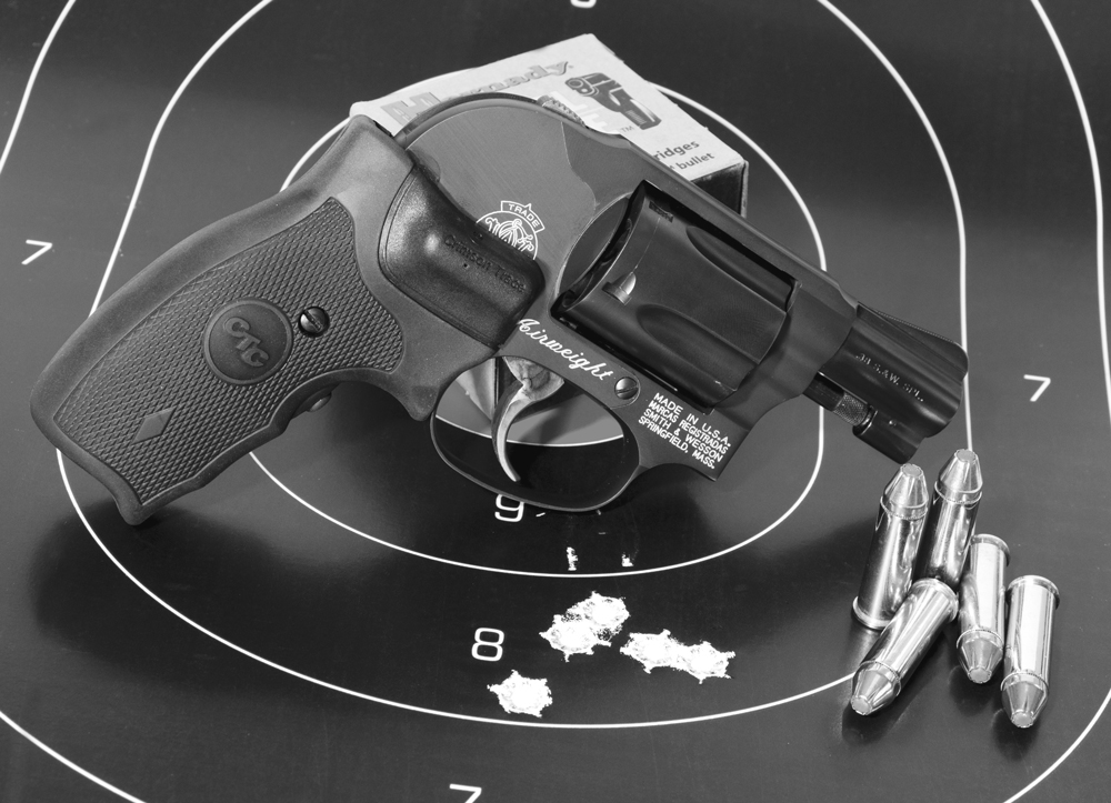 How much difference can a laser grip make on the S&W J-Frame revolver? This itty-bitty group was fired at 25 yards using the laser as a sight. There are some folks who can do this with the factory sights on a J-Frame, but you probably have enough fingers to count all of them.