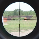Here's what the Leatherwood ART M1000 scope reticle looks like with the center ranging bracket on an 18-inch high target. By zooming in to fit the paper in the bracket, the scope automatically adjusts for the range, which happened to be 400 yards.