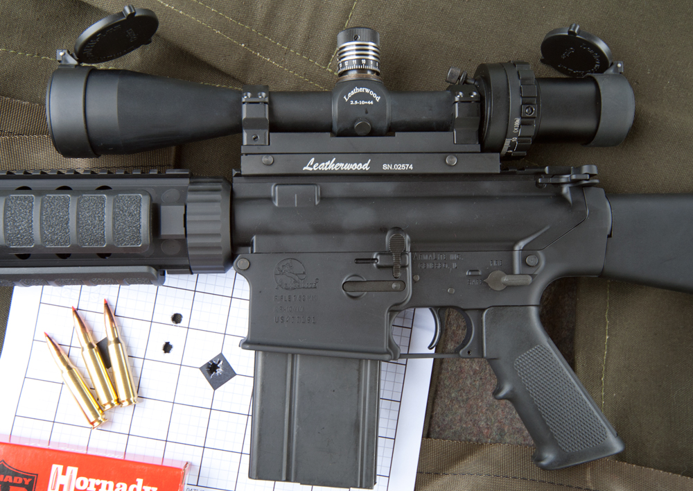 LeatherwoodM1000-2-Lead The 100-yard (simulated 250-yard) sight-in of the Leatherwood M1000 ART Scope. Rifle is the Armalite AR-10 NM.