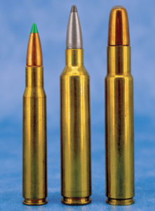 Despite lacking the “magnum” designation, the 7.82 Lazzeroni Warbird (center) and the .460 Dakota qualify in spades. Shown for comparison sake is the .30-06 at left.