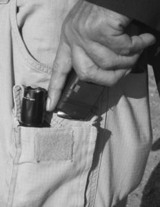 Glock 30 magazine rides comfortably and discreetly next to SureFire E2D light in cell phone pocket of these cargo pants.