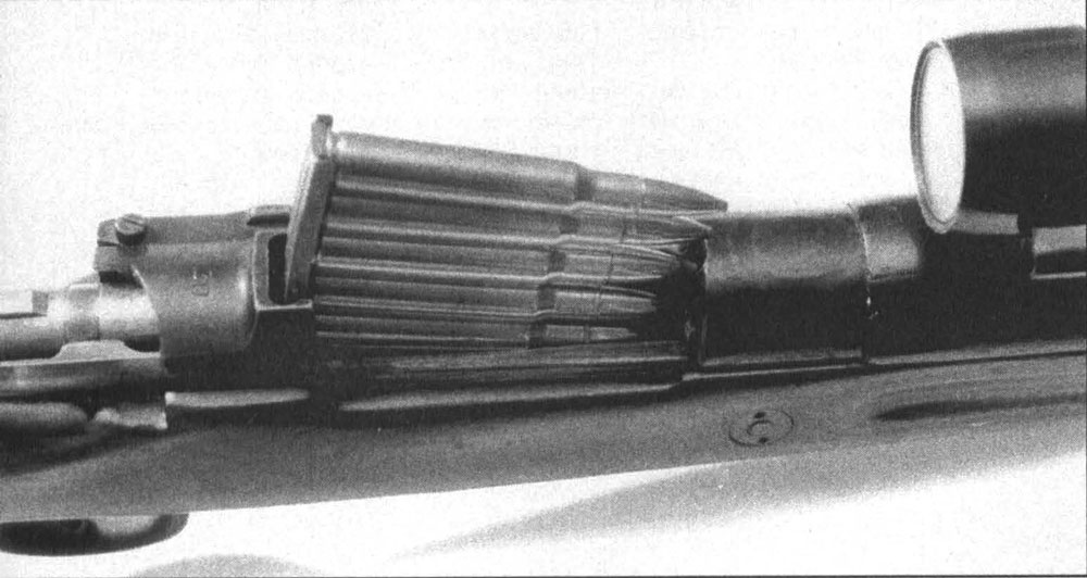 Mauser-5 FN-built Peruvian M1946 short rifle accepting five rounds in a stripper clip of the 30-06 for which these post-WWII rifles were chambered.
