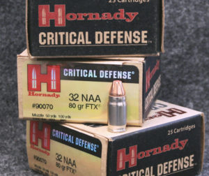 Hornady knew they could develop a top-notch round for the little pistol, so they have started shipping a .32 NAA round loaded with an 80-grain FTX bullet that travels at 1,000 fps and produces 178 foot-pounds of energy. Testing this new load in the Guardian showed it to be reliable and accurate.