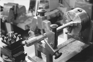 OGGMauser-5 Here the Douglas barrel is being turned in a Smithy lathe to bring it to proper dimensions so that it would properly headspace the 7mm/08 Remington cartridge.