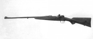 OGGMauser-7 Left-side, full-length view of Author’s converted Mauser. With its 24-inch Douglas barrel, the completed rifle weighs about 7-3/4 pounds; having only iron sights, it is a delight to carry in the field.