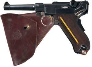 RIASept2011-2 One of only 50 produced, all in the 22401-22450 serial number range, this specimen, is a superb example of an extremely rare 1902 DWM Luger that has been fitted with the unique "Powell Indicating Device", commonly called a "Cartridge Counter" on the left side of the grip. Estimated Price: $50,000 - $90,000