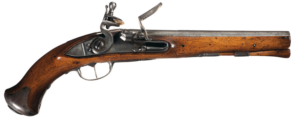 RIASept2011-3 Flintlock pistol that was manufactured in 1776-1777 and stamped with the mark of Captain Thomas Ewing, inspector for the Maryland Council of Safety. Estimated Price: $50,000 - $250,000