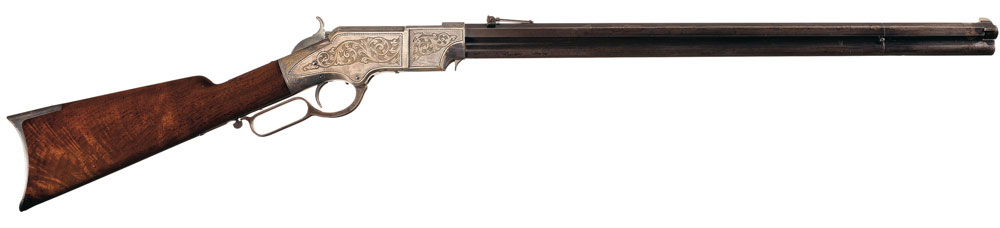 RIASept2011-4 This is an important example of an exhibition quality, factory engraved silver finished Henry rifle that was manufactured by the New Haven Arms company in the months of 1865 and is attributed to factory engraver Samuel Hoggson. Estimated Price: $90,000 - $160,000