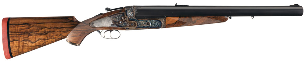 RIASept2011-Lead1000 This is just about the largest and most powerful double rifle made any where in the world. Skillfully hand crafted by master gunsmith Ken Owen of Memphis Tennessee in the early 1990's, this is an exceptional and truly rare 4 bore double rifle. Estimated Price: $85,000 - $140,000