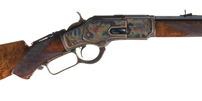 This magnificent, deluxe special order Winchester Third Model 1873 lever action with brilliant case hardening went for $149,500.