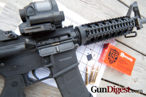 Hornady TAP 55 grain .223 ammo was accurate and reliable in the RRA Pro Series. Shots were fired from 25-50 yards standing and kneeling.