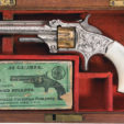 Cased Smith & Wesson No. 1, Third Issue revolver with mahogany case and a empty carton of .22 caliber cartridges sold for $4312.50 in a Rock Island Auction. It goes to show that antique .22 caliber revolvers run the gamut from the common affordable variety to exquisite high end custom.
