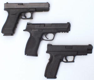 Glock 17 (top), Smith & Wesson M&P (middle) and Springfield XDm (bottom).