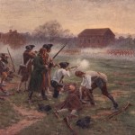 A scene from the Revolutionary War Battle of Lexington and Concord.